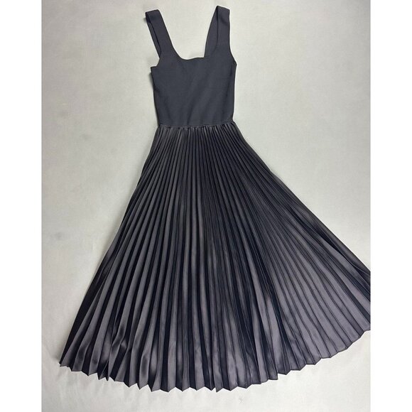 Theory Pleated Square-Neck Ribbed Midi Dress Black Size XS - Picture 2 of 7